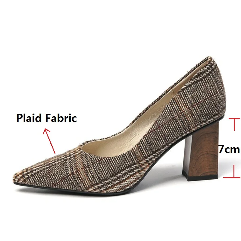 

LeShion Of Chanmeb Retro Scotland Plaid Checker Tweed Shoes Women Chunky Block High Heeled Office Party Shoes Pointed Toe Ladies