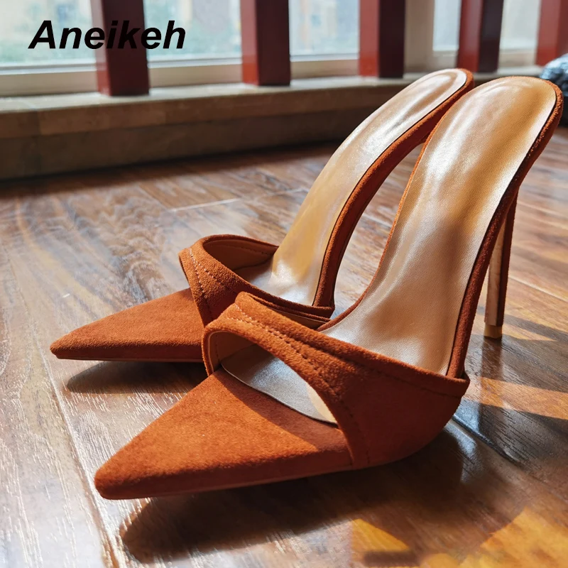

Женские туфли без задника Aneikeh, заостренный носок, туфли-лодочки из флока, на высоком каблуке, Свадебная обувь для вечеринки, Размеры 35-42, лет...