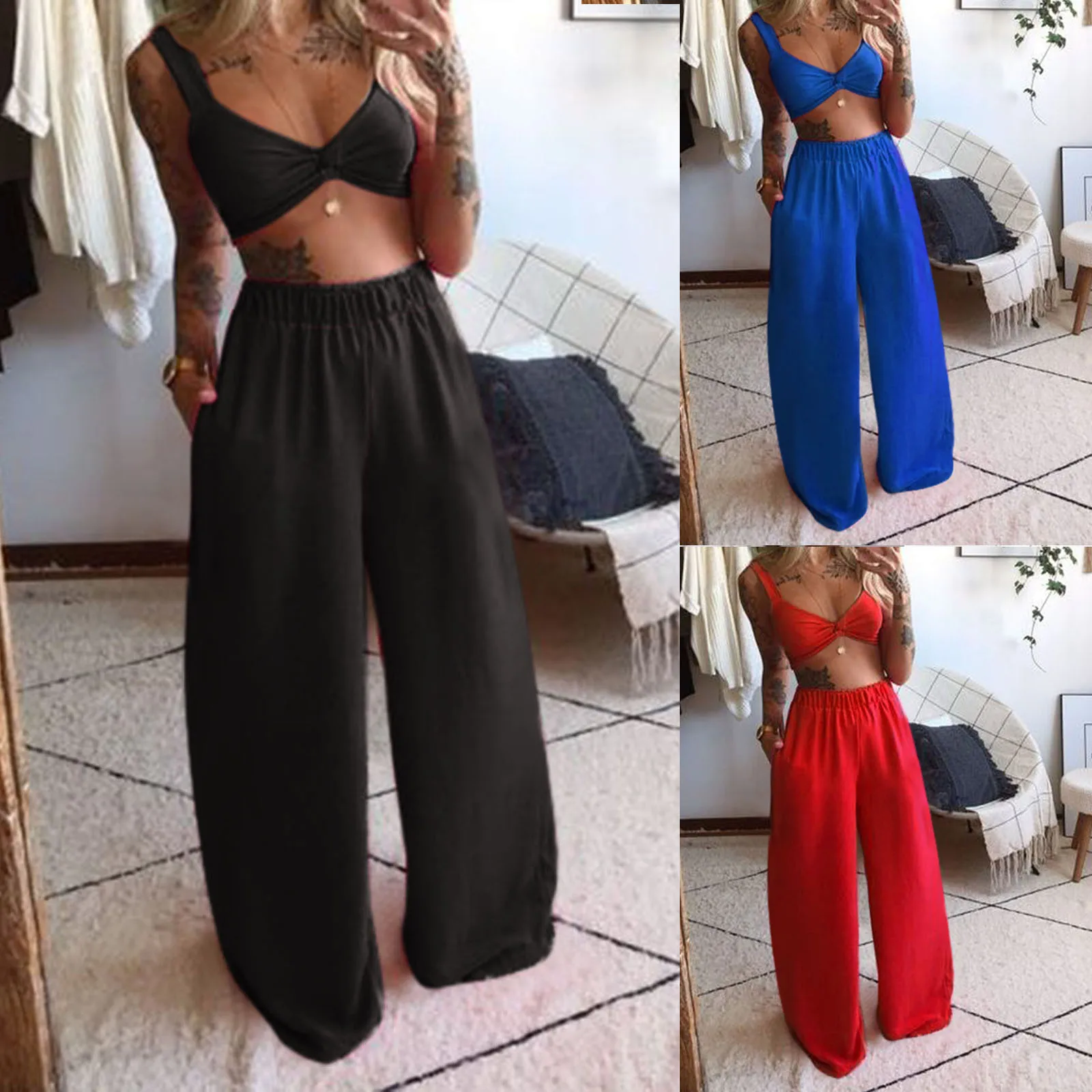 

2 Pecs Suit Summer Tracksuit Sets Womens Outfits Boho Beach Style Print Underwear Loose Wide Leg Pants Ropa Mujer ододи C2