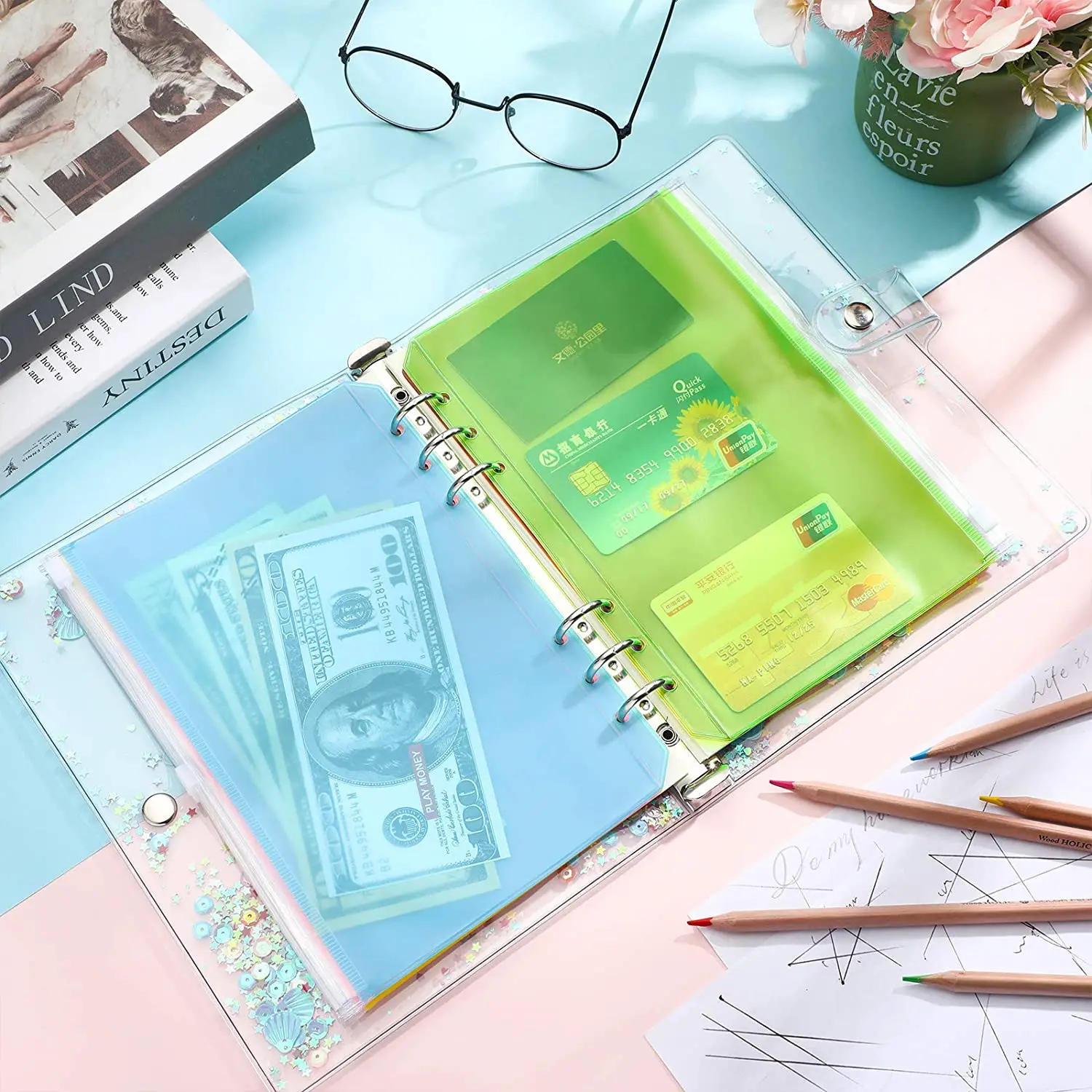 

12PCS 6-Ring A5 Zipper Pouch for Budget Binder Notebook Waterproof Plastic Envelope Folders Pouch Bags Cash Envelope File Bags
