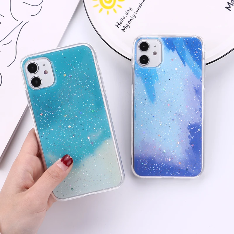 

Abstract Graffiti Watercolor Painting Glitter Phone Cases For iPhone 12 11Pro Max XR XS Max X 8Plus Soft Transparent Back Cover