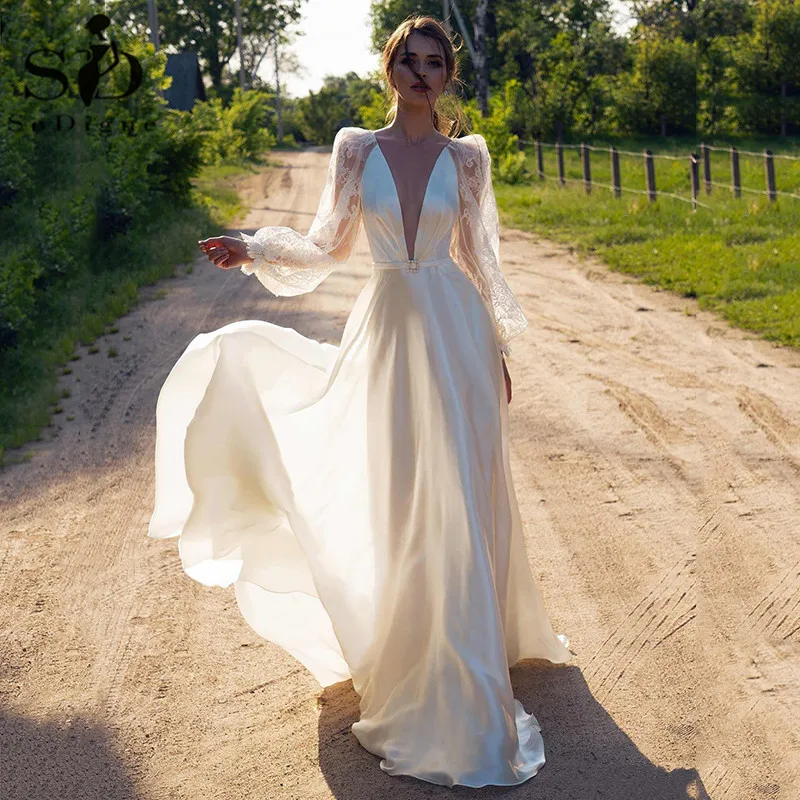 

Boho Wedding Dress Lace Illusion Long Sleeves A Line Country Bridal Dresses 2021 Sexy V Neck Backless Satin Bridal Gowns
