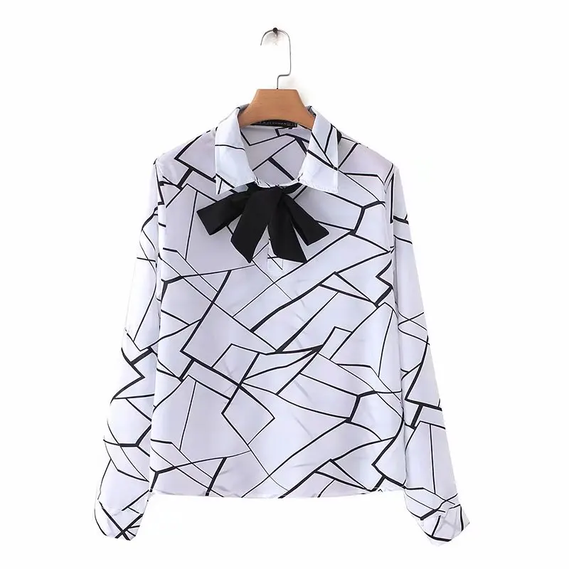 2020 женская элегантная блузка с геометрическим принтом и черным бантом Женская