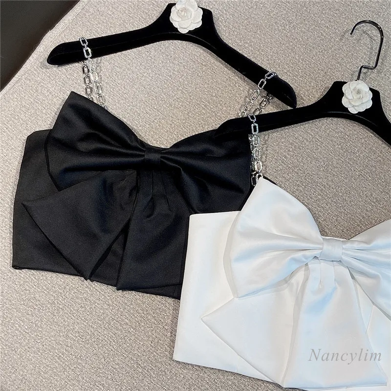 Bow Camisole Women 2021 Summer New Three-Dimensional Bow Design Sexy Rhinestone Chain Sling Short Tank Top White Black
