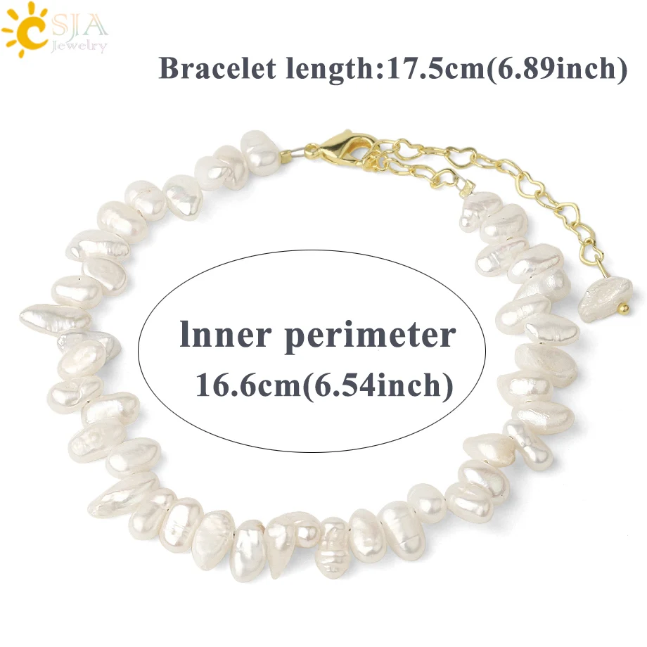 CSJA Irregular Natural Pearl Strand Bracelets Baroque White Bead Gold Color Adjustable Bracelet for Women Girl Jewelry Gift G569 | Украшения