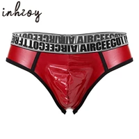 men faux leather brief underpants sexy wet look low waist bulge pouch panties underwear swimsuit bathing swimming shorts