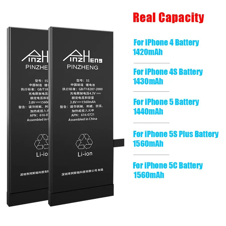 PINZHENG аккумулятор для телефона iPhone 4 4S 5 5C 5S батарея реальная емкость Bateria 0 цикл