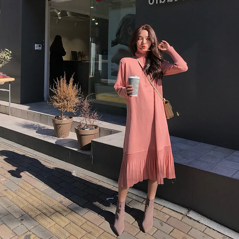 

Elegant Loose Women Sweater Dress 2020 Winter Long Dress Female A-line Ruffles Knitted Dress Femm Casual Pullover Vestidos