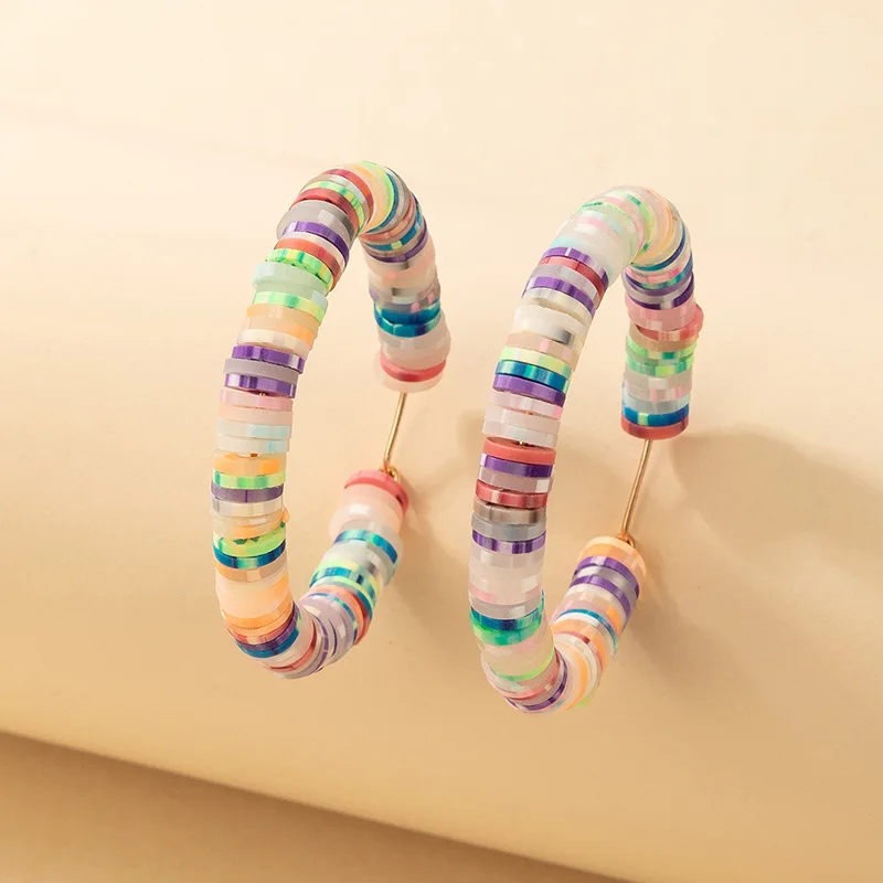 

2021 Multicolor Soft Clay Hoop Earrings for Women Summer Boho Holiday Big Round Pearls C-Shape Stud Earrings Jewelry Gifts