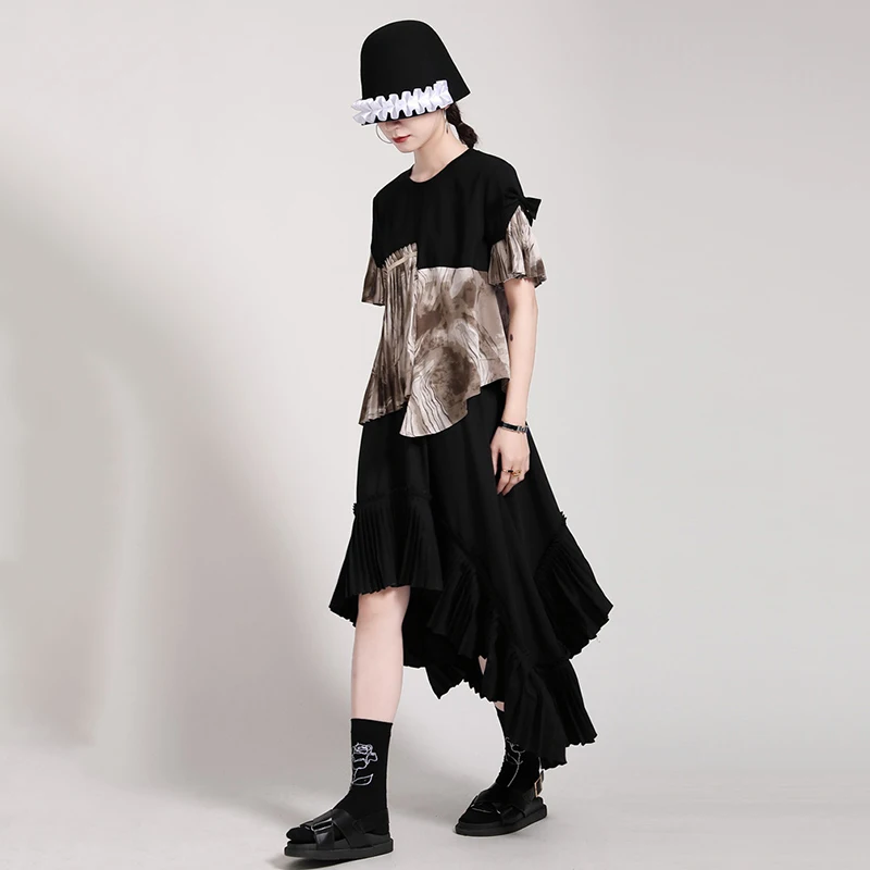 

CHICEVER Patchwork Print Shirt For Women O Neck Short Sleeve Hit Color Loose Oversize Blouses Female Fashion 2021 Clothing Style