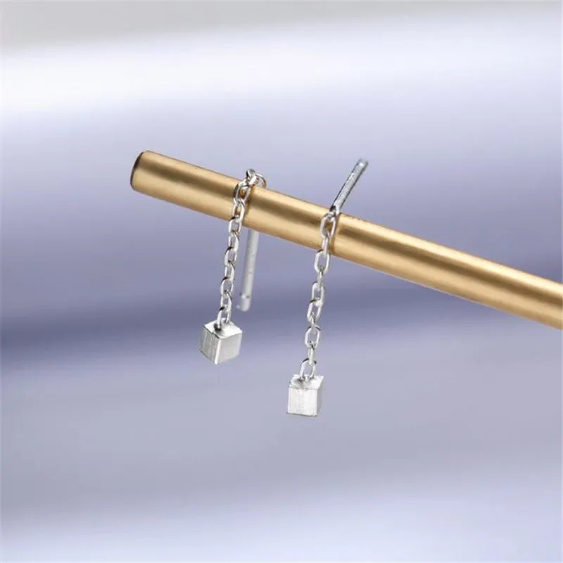 POFUNUO 925 Sterling Silver Stud Earrings Korean Style Fashion Sweet Wire Drawing Square Charm Minimalist Fine Jewelry | Украшения и