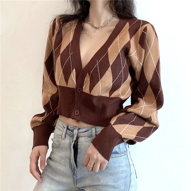 

Spring Autumn Fashion Diamond Plaid Knitted Cardigan For Women Jacket Coat Causal Vintage French Niche V-Neck All-Match Sweater