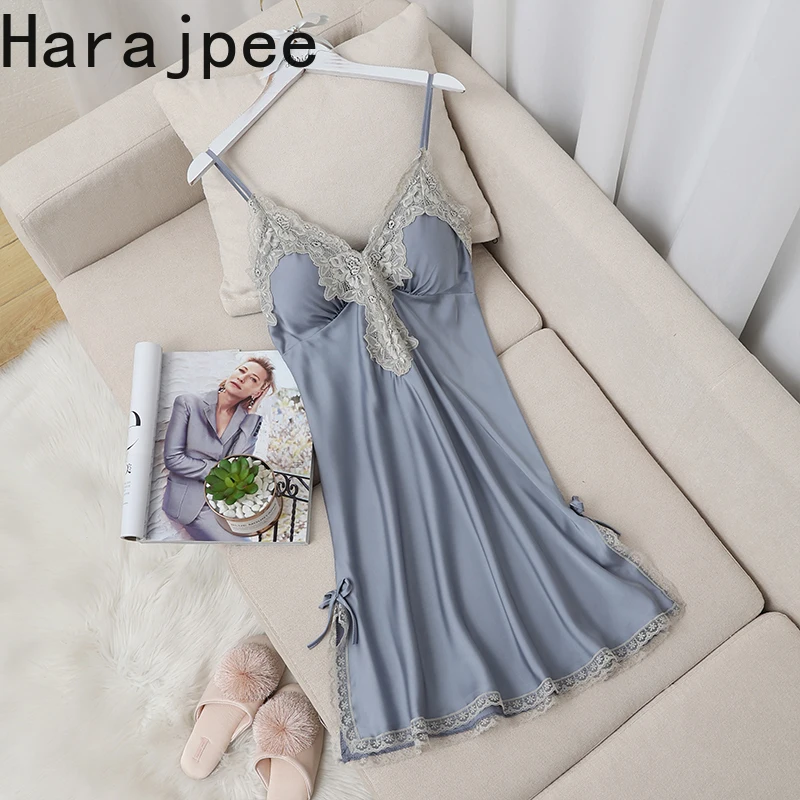 

Harajpee Women Pajamas 2021 Summer French SexyTemperament Alluring Style Lace Gather V-Neck Ice Silk Sling Home Wear Nightdress