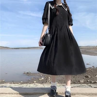 2020 summer new arrival navy collar dress dark girl solid short sleeve dress japanses kawaii single breasted long dress
