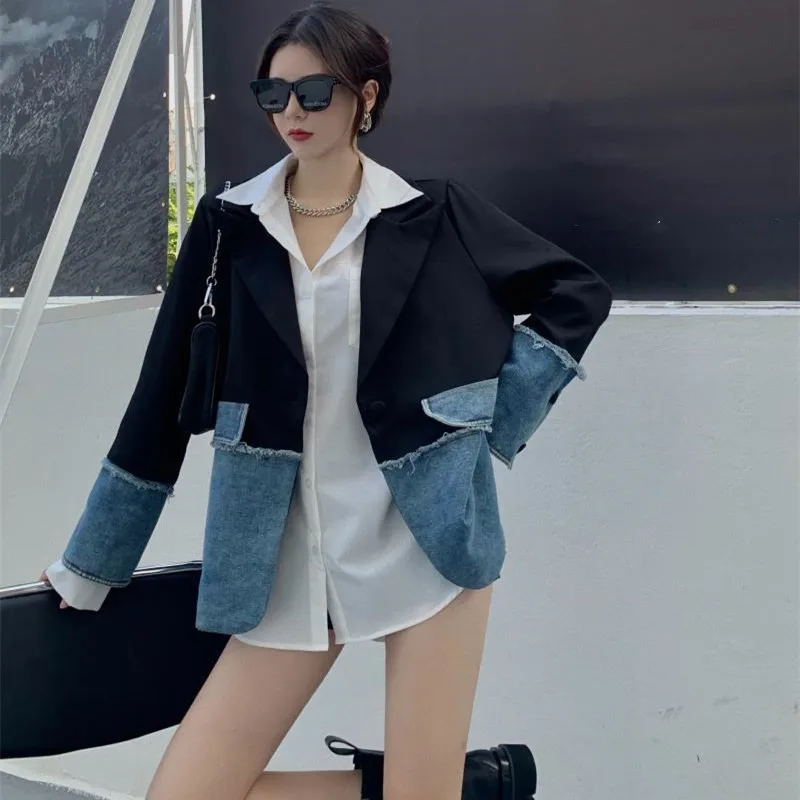 

Demin Patchwork Blazers 2021 Spring New Causal Korean Hit Color Patchwork Suit Jacket Women Fashion Blazer Coat