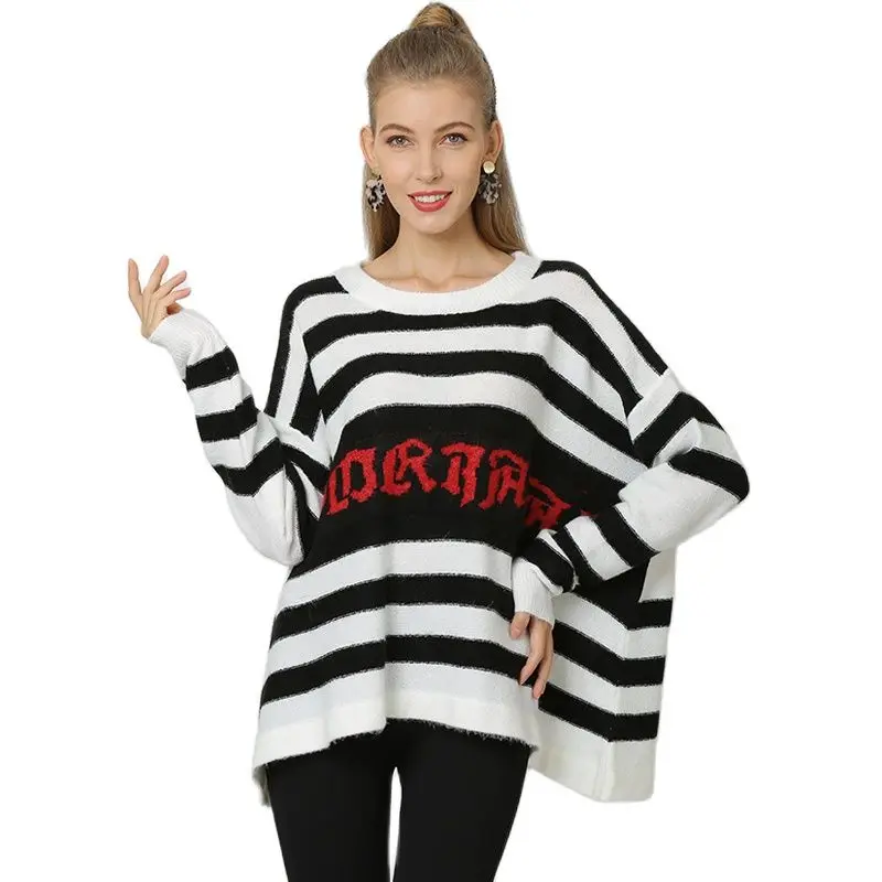 Женский свитер-пуловер XIKOI в полоску Корейском стиле черно-белый | Женская одежда