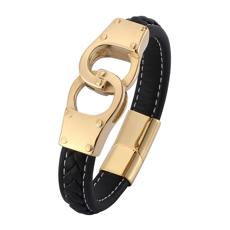 Панк ювелирные изделия для мужчин черный кожаный браслет Золотые наручники из