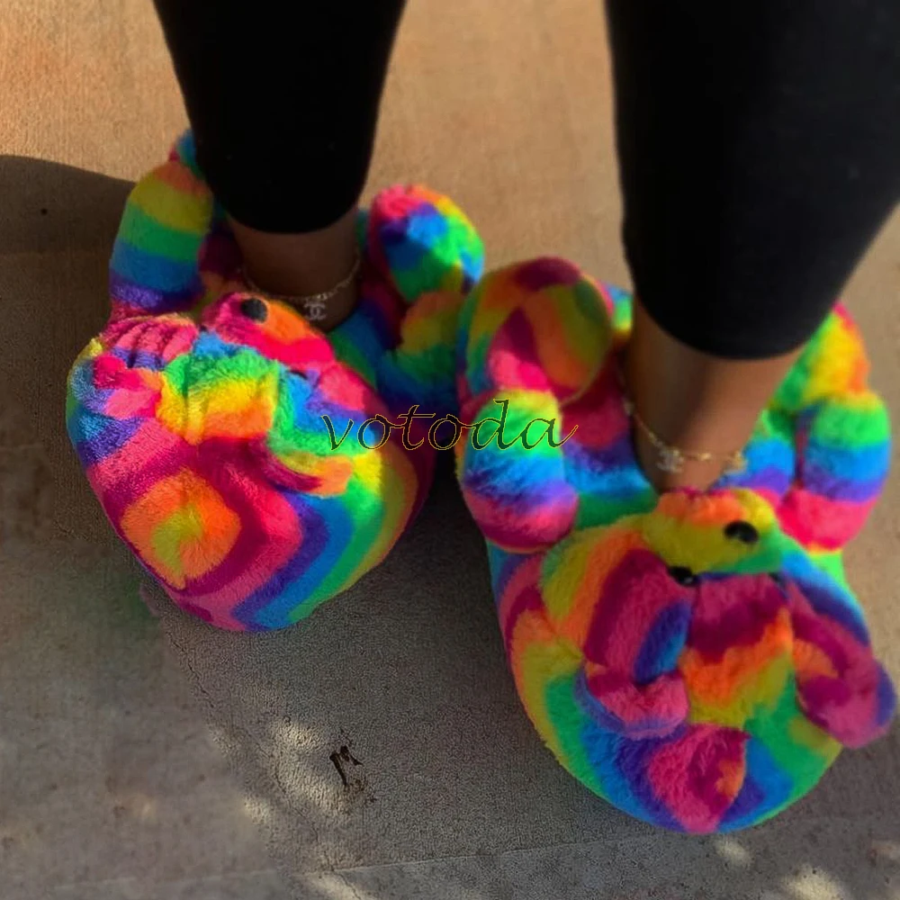 Teddy Bear Slippers Women Cute Cartoon Slides Furry Warm Soft Shoes Home Non-slip Cotton Flip Flops Rainbow Teddies Bear Slipper best house slippers