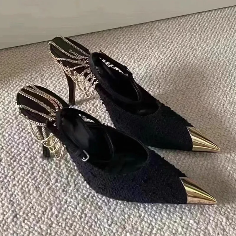 Туфли-лодочки женские с металлическими цепочками босоножки на высоком каблуке