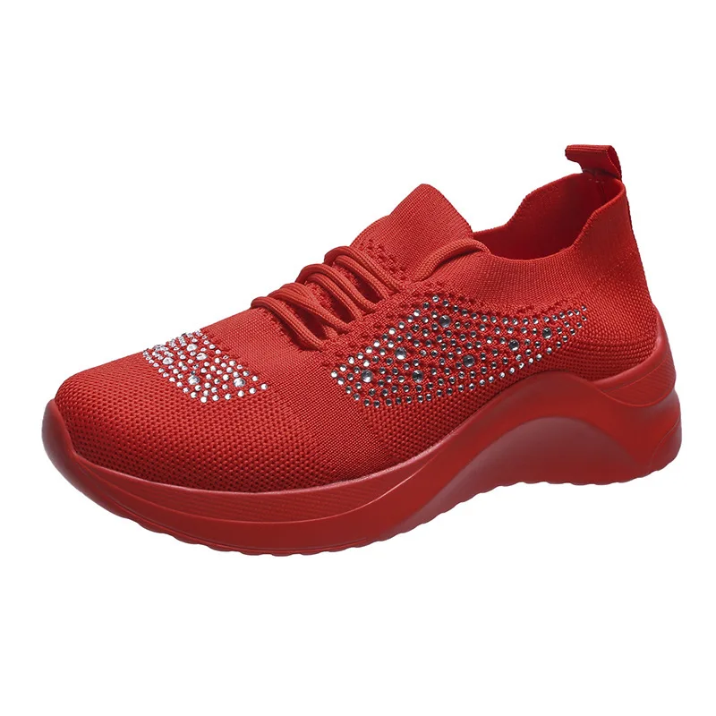

Women Vulcanized Shoes Air Mesh Crystal Lace-Up Solid Flat Casual Female Sneakers Fashion Comfortable Plus Size Ladies Footwear