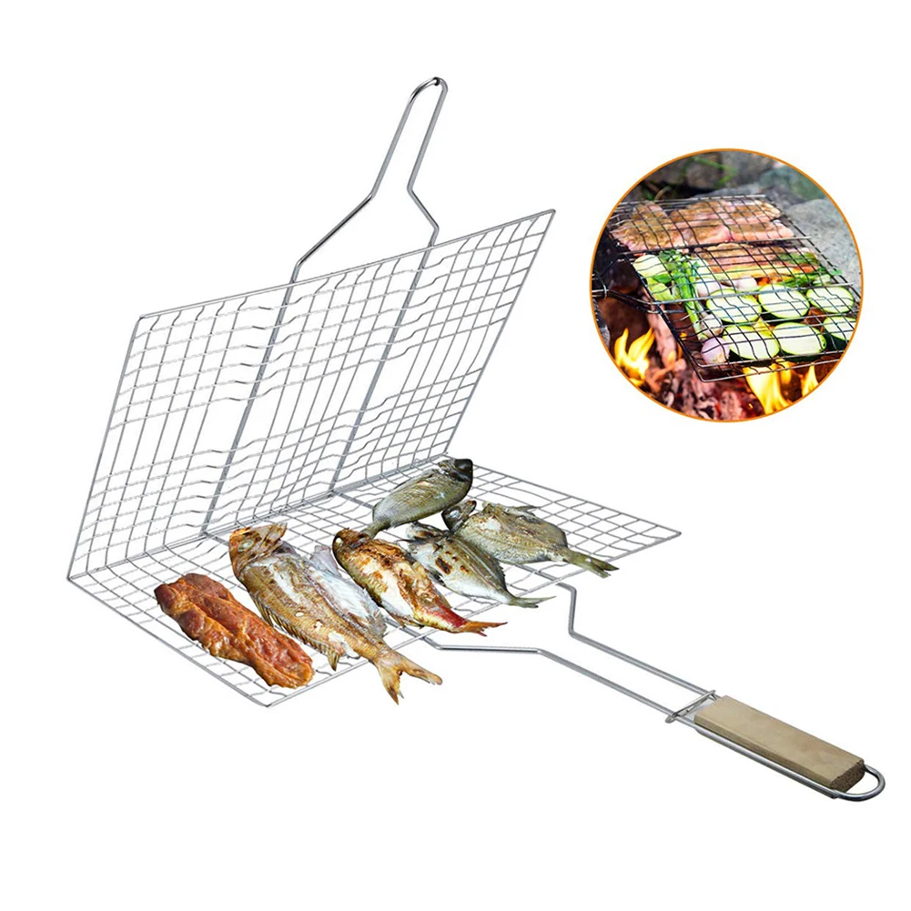 Grill Basket for BBQ Camping Charcoal Grilling Fish Vegetables Silver Steak Shrimp Iron wire Chops | Спорт и развлечения
