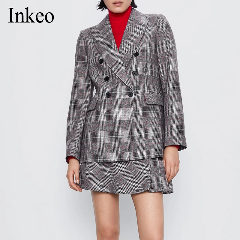 

Fashion Women Plaid Print Blazer 2021 Spring Loose Long sleeve Female Jacket Office laday suit Skirt Club Elegant INKEO 1O002