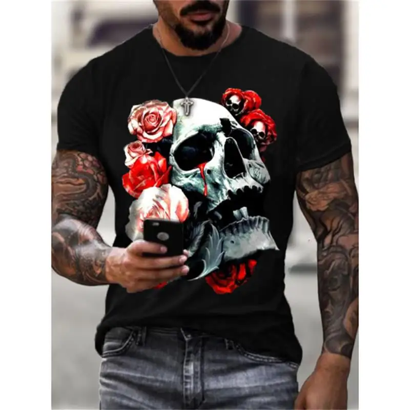 

Men T-shirt Short Sleeve Skulls Poker Print Tshirts Summer Loose Graphic Tees Hip Hop Streetwear Casual Tops Men's Clothing