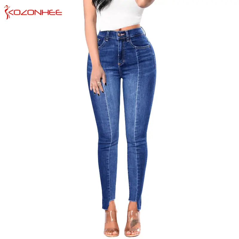 Рваные эластичные джинсы в полоску сбоку для женщин узкие с завышенной талией