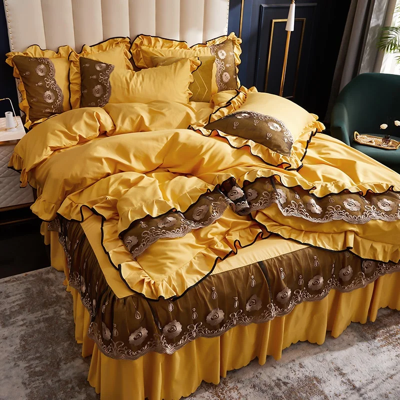 

Ice Silk Girls Sweety Home Bedding Set Princess Style For 1.5/1.8/2.0m Bed Spring Summer Use Lace M31