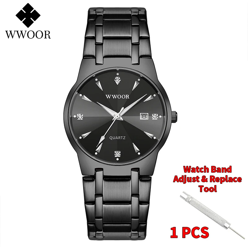 

WWOOR New Fashion Business Men Watch Top Brand Luxury Diamond Black Quartz Wrist Watch Men Stainless Steel Waterproof Date Clock