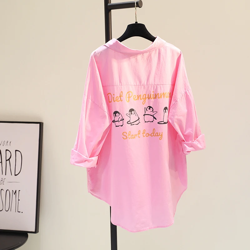 

2021 Summer Penguin Mid-Length Cotton Linen Sun Protection Blouses Women New Korean Style Loose Casual Shirt Fashion Simple Top