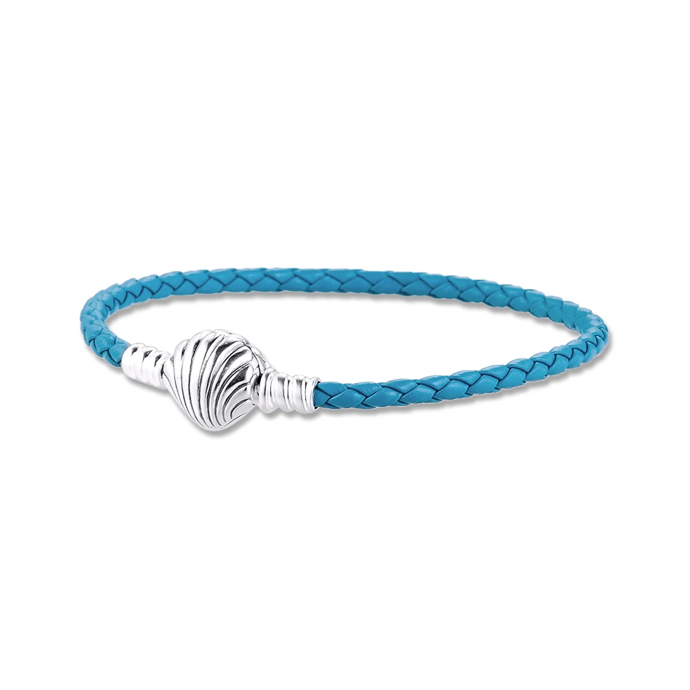 

Seashell Clasp Turquoise Braided Leather Bracelet Original 925 Sterling Silver Jewelry for Women DIY Charms Bracelets pulseras