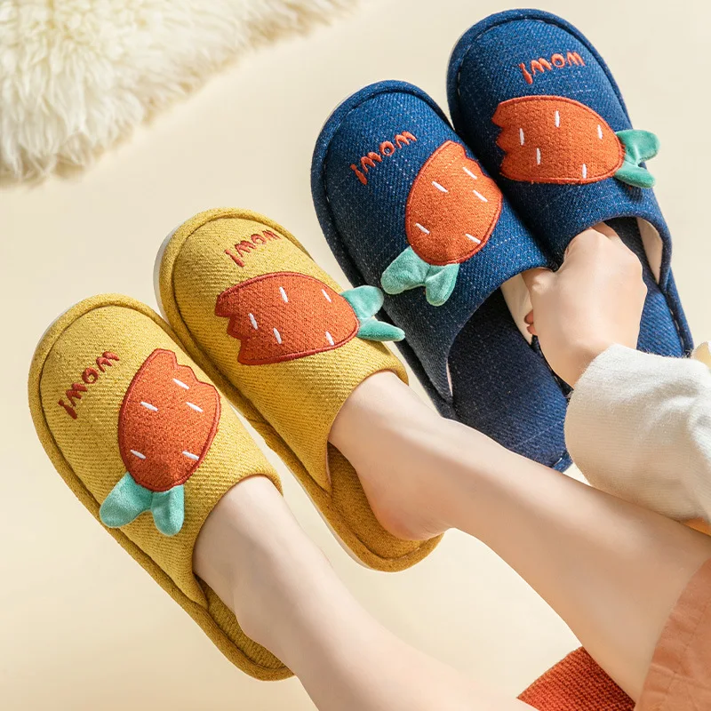 

Lovely carrot cotton slippers women winter cartoon warm and non slip outer wear creative fruit lovers cotton slippers men