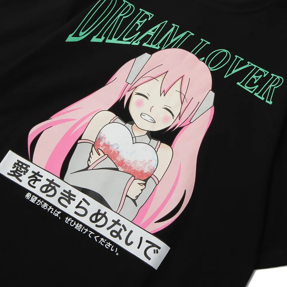 

Aolamegs T-shirt Men Anime Comics Pink Hair Girl Printed Tops Tee Summer Japanese Kanji Harajuku Loose Casual Fashion Streetwear