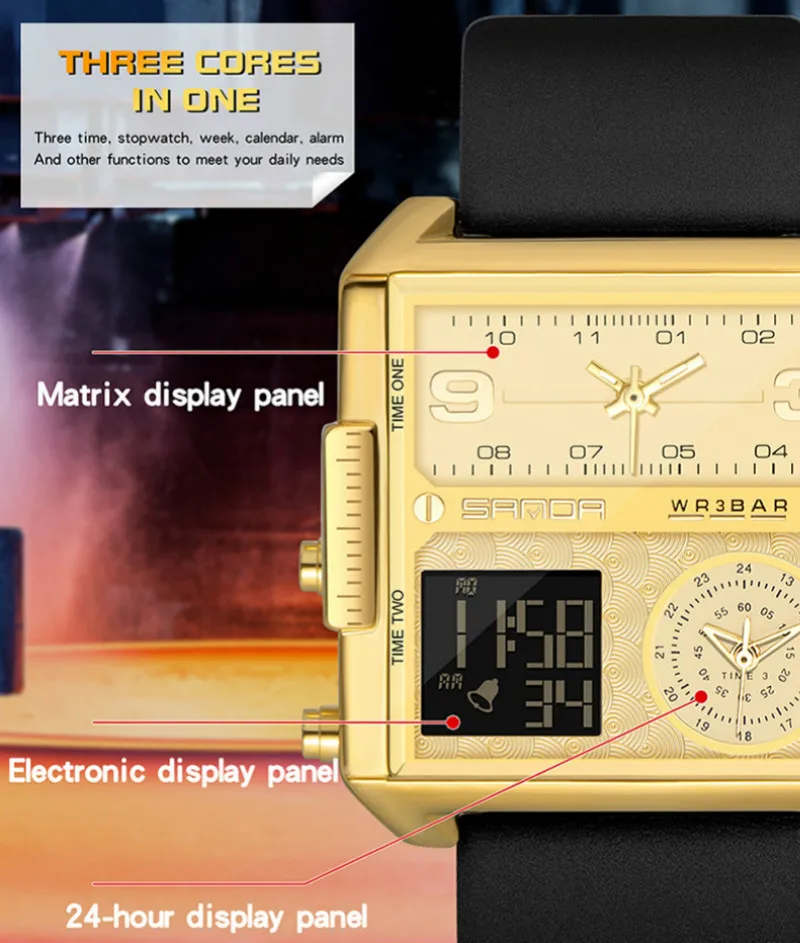 Мужские часы 2021 креативные светодиодные с 3 дисплеями времени спортивные