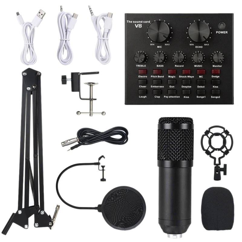 

BM800 Microphone Kit with V8 Sound Card Professional Microphone Studio Condenser Microphone for Computer