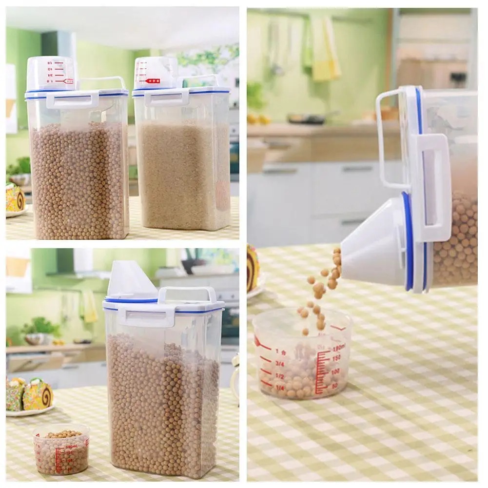 

Cereal Container Storage Rice Bucket Large Food Box PP Airtight Clear Dry Flour Jar Silicon Cup Lids Sugar Labels Storage