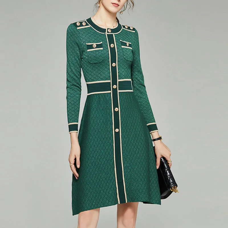 

2020 Autumn Winter Sweater Dress Elegant Fashion Women Lurex Knitted Midi Dress Round Neck Full Buttons Vintage Dress Vestidos