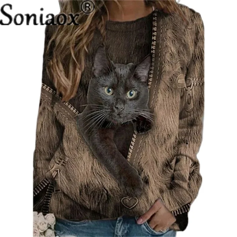 2021 Fashion Women Round Neck Pullover Cat Long Sleeve T-Shirt Casual Printed Autumn Cotton Long Ladies Shirt Loose Street Tops