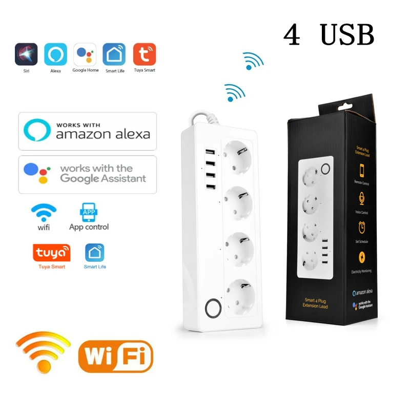 

Smart WiFi Power Strip Surge Protector with 4 Smart Plugs 4 USB Ports Extension Cord Work with Alexa Google Assistant Wholesale