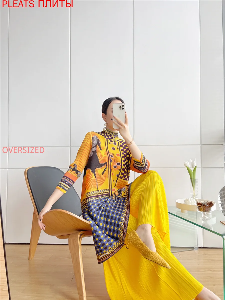 

Miyake Pleated High Neck Print Autumn and Winter New Female A Version Over the Knee Loose Temperament Mid-length Dress PLEATS