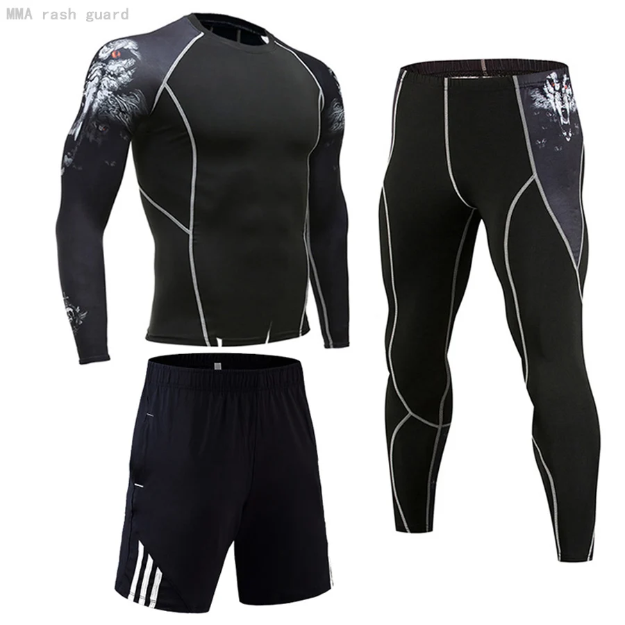 

3-pc Set Full Man Tracksuit Thermal underwear Winter Jogging Compression base layer MMA rash guard Male Sport Brand clothing 4XL