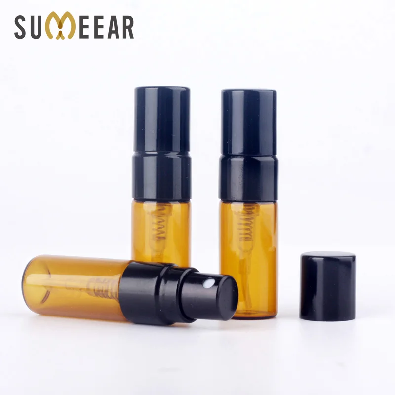 

100 шт./лот пробная упаковка 3 мл янтарные бутылки для эфирного масла многоразовый флакон для духов Черный флакон с распылителем косметически...
