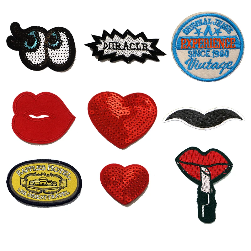 

Embroidery Sewing Patch Sequin Eyes Heart Lips English Logo Ironing Heat Transfer Stripe Badge Clothing Bag T-shirt DIY