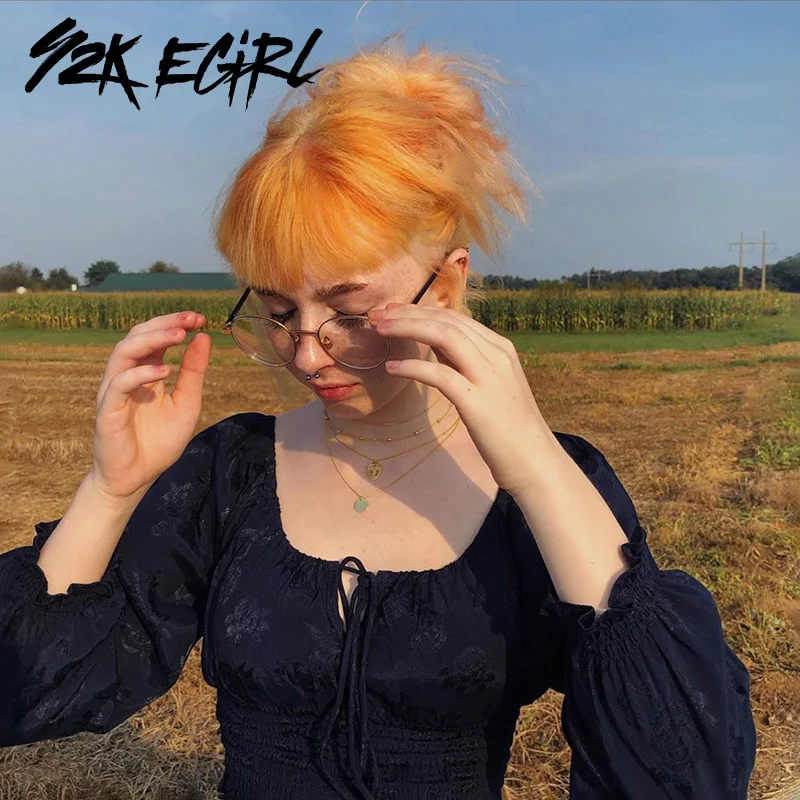 

Y2K EGIRL Pastel Goth Square Neck Lace-up Crop Tops Y2K Aesthetics Long Sleeve Black T-shirts E-girl Streetwear Retro Tees Chic