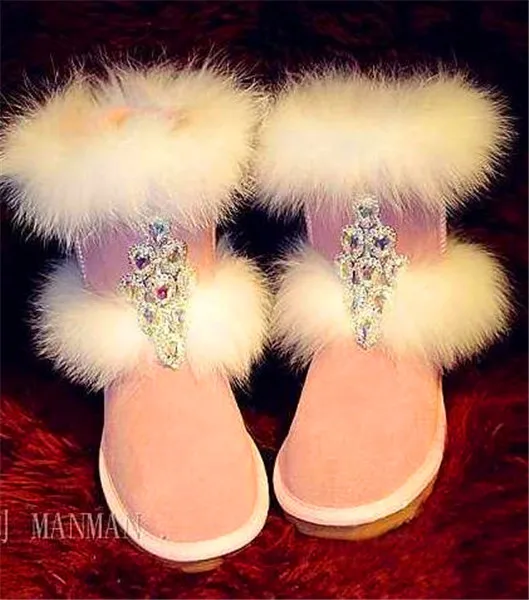 

Fox fur pink hand-studded diamond thickening non-slip warm snow boots fur boots custom cotton shoes