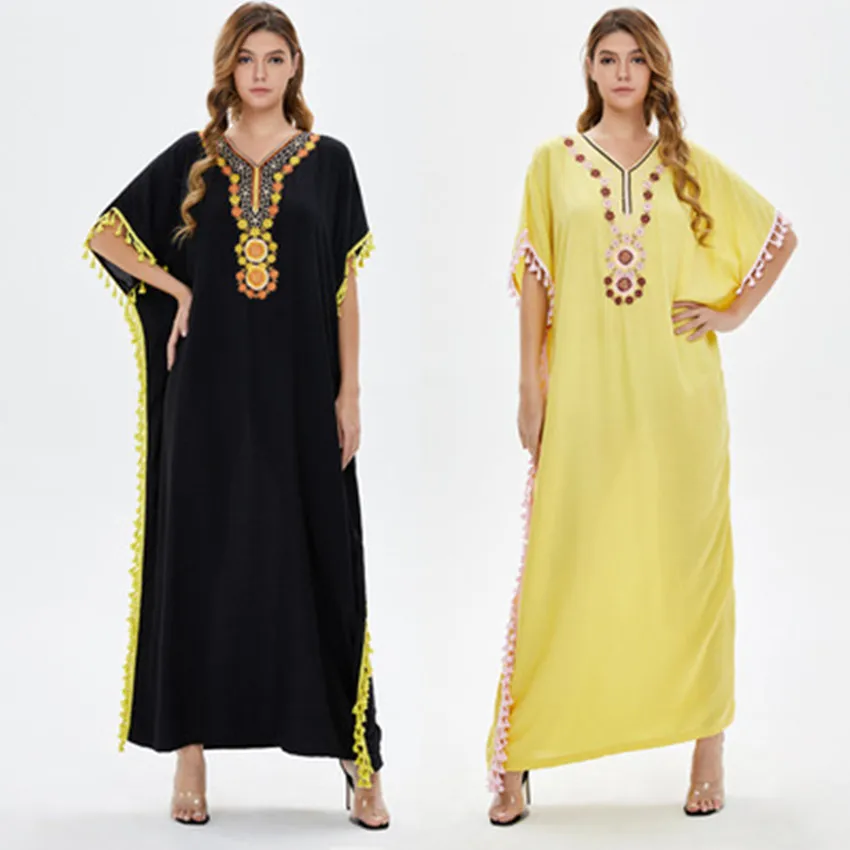 Muslim Abaya Embroidery Bat Cardigan Dress Kimono Long Robe Gowns Jubah Dubai Middle East Ramadan Eid Arab Islamic Musulmane