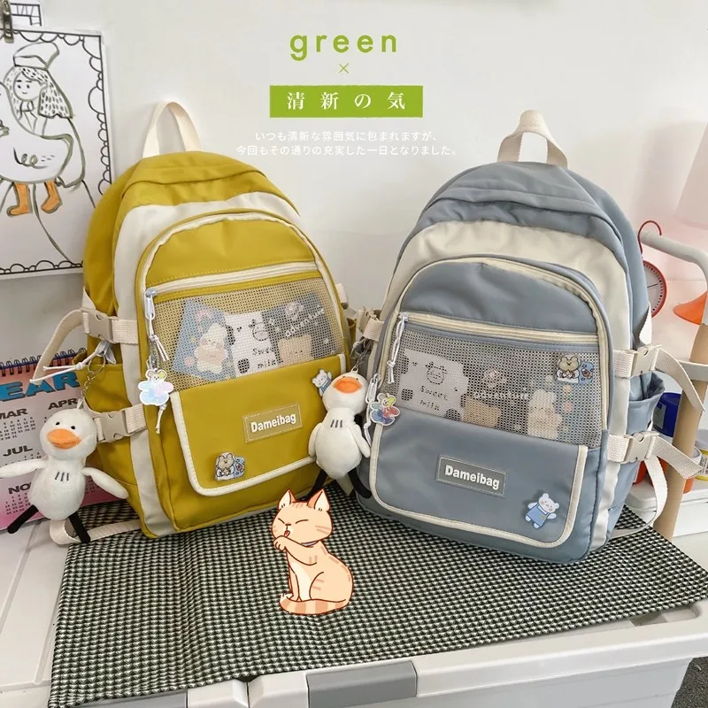 

Fashion Women's Backpacks Kawaii Doll Pendant Schoolbag for Girls Contrast Color Nylon Outdoor Travel Backpacks