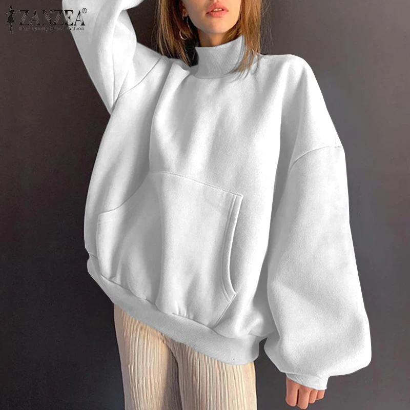 

Womens Fashion Oversized Sweatshirt Autumn Solid Turtleneck Hoodies ZANZEA Y2K Pocket Warm Pullover Lady Casual Long Sleeve Tops
