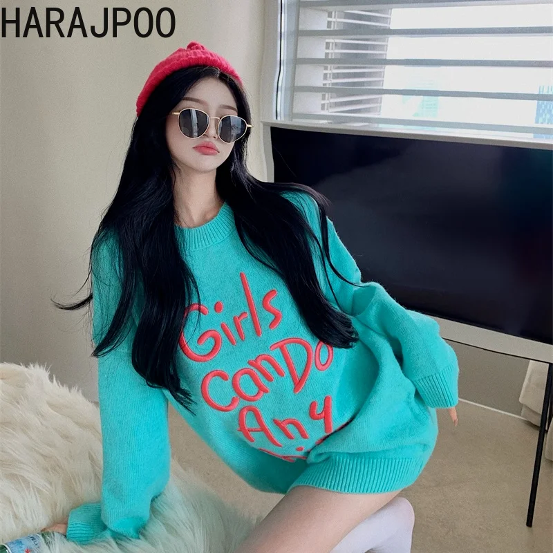 

Women Sweaters Harajpoo Letter Love Embroidered Harajuku 2021 Autumn Winter New O Neck Contrasting Color Fashion Chic Knit Top